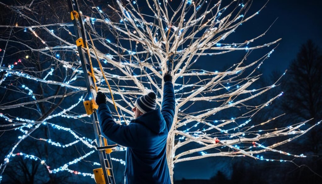 hanging Christmas lights on tree