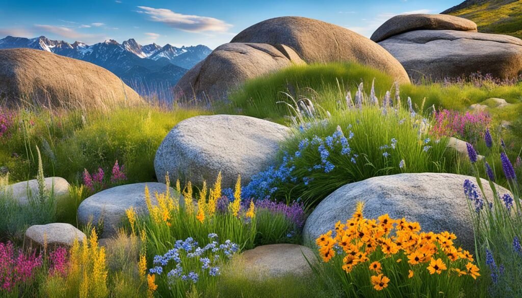 boulders with plants and flowers